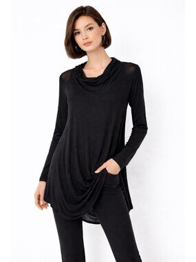 MARCELLAMODA shirt top tunic black SMALL lagenlook cowl layered lightweight